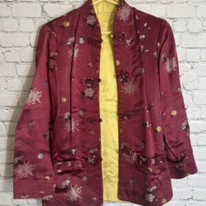 VTG Reversible Asian Silk Jacket Pink/Yellow Frog Buttons BPC Hang Zhou Size M